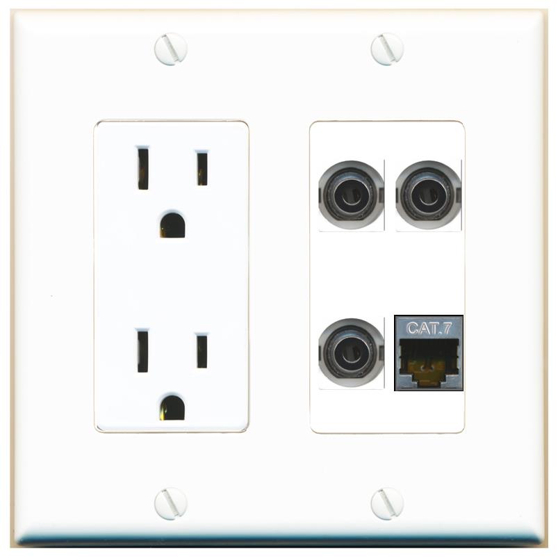 RiteAV 3 3.5mm CAT7 Wall Plate with 15A Power Outlet [White]