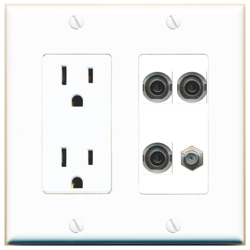 RiteAV 3 3.5mm COAX Wall Plate with 15A Power Outlet [White]