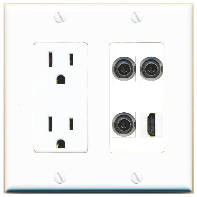 RiteAV 3 3.5mm HDMI Wall Plate with 15A Power Outlet [White]