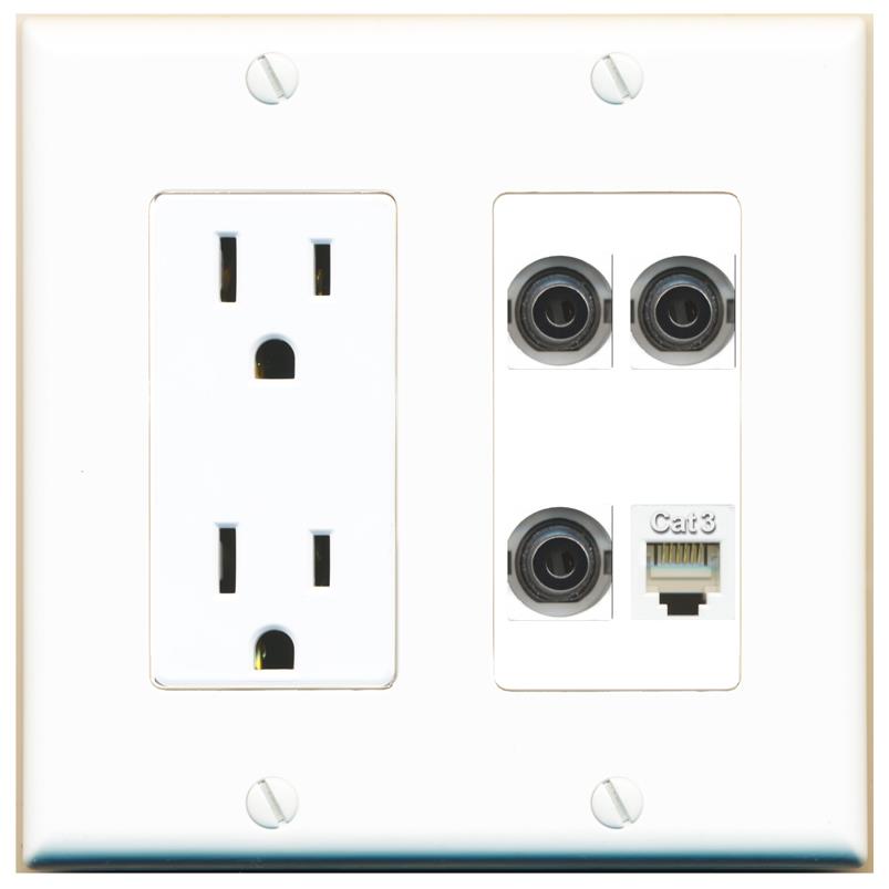 RiteAV 3 3.5mm PHONE Wall Plate with 15A Power Outlet [White]