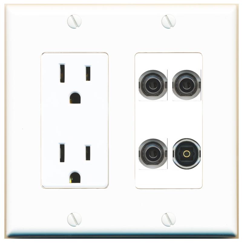 RiteAV 3 3.5mm TOSLINK Wall Plate with 15A Power Outlet [White]