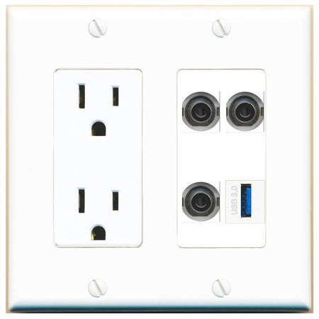 RiteAV 3 3.5mm USB-3 Wall Plate with 15A Power Outlet [White]