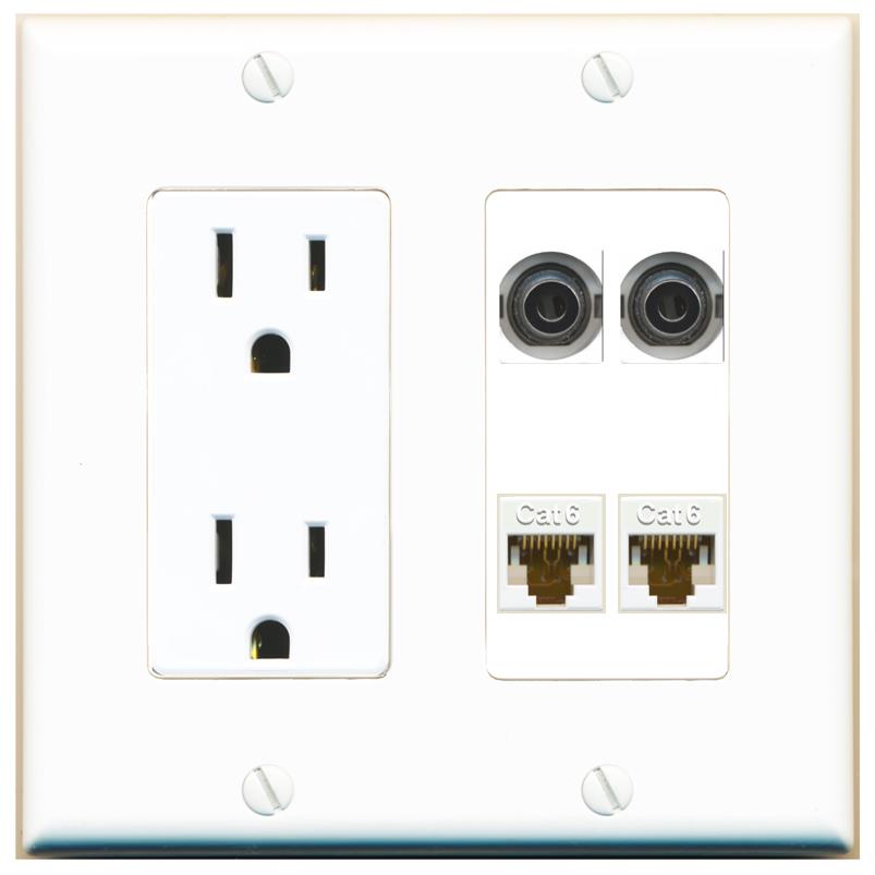 RiteAV 2 3.5mm 2 CAT6 Wall Plate with 15A Power Outlet [White]