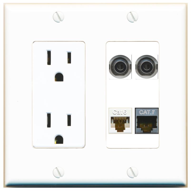 RiteAV 2 3.5mm CAT6 CAT7 Wall Plate with 15A Power Outlet [White]
