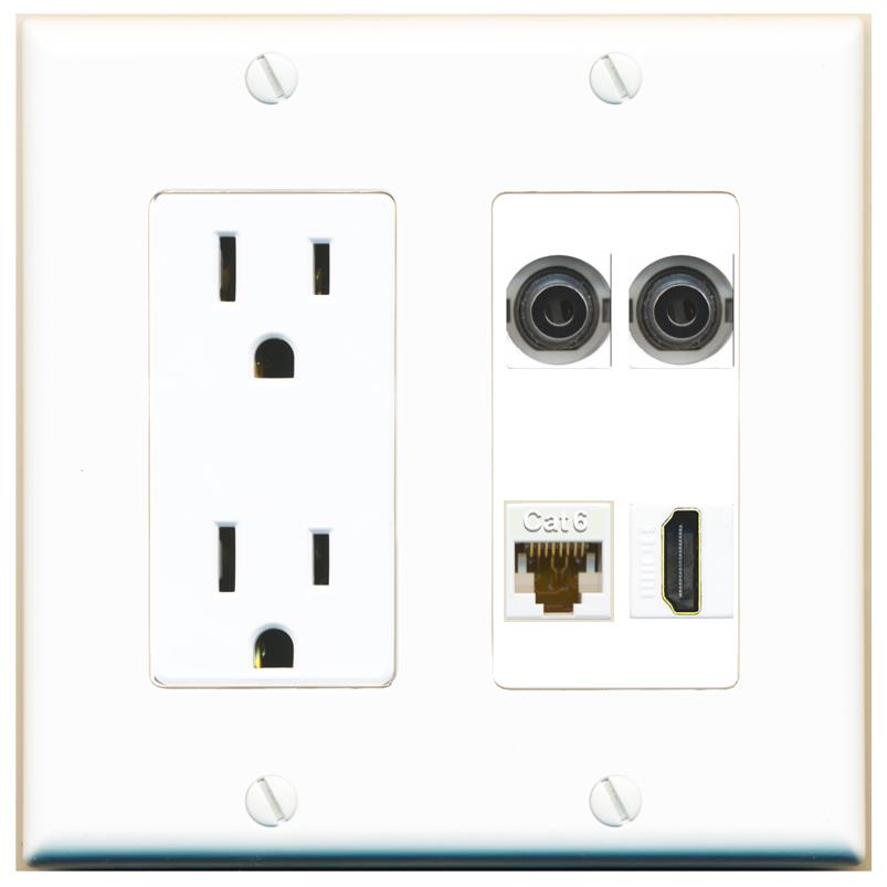 RiteAV 2 3.5mm CAT6 HDMI Wall Plate with 15A Power Outlet [White]
