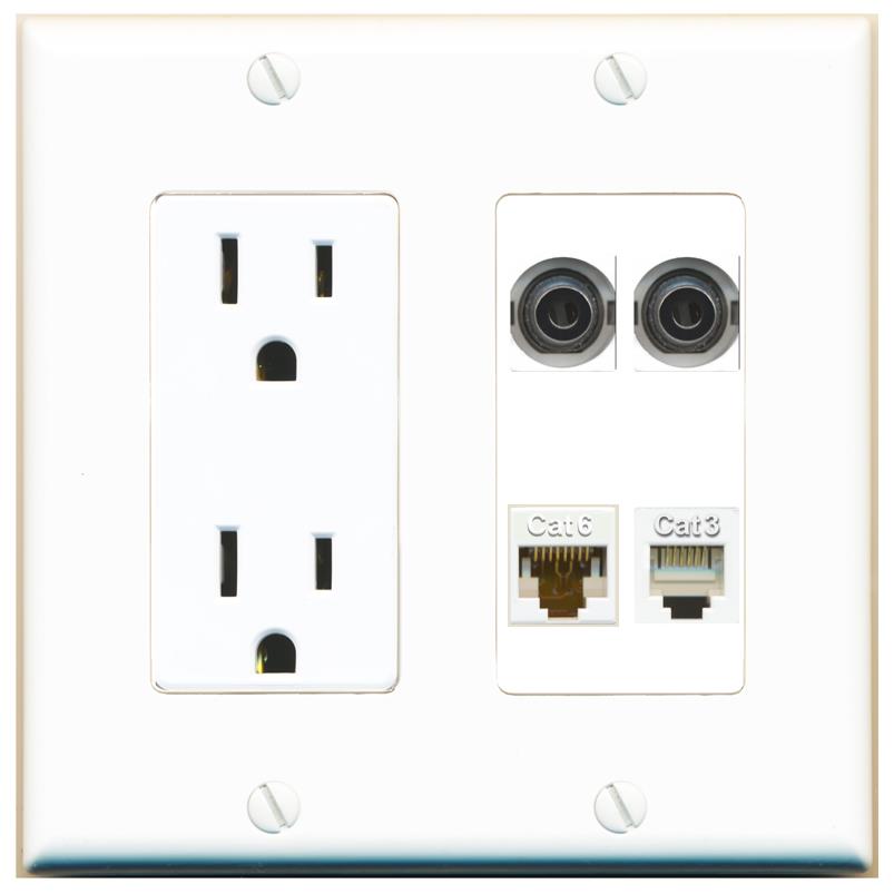 RiteAV 2 3.5mm CAT6 PHONE Wall Plate with 15A Power Outlet [White]