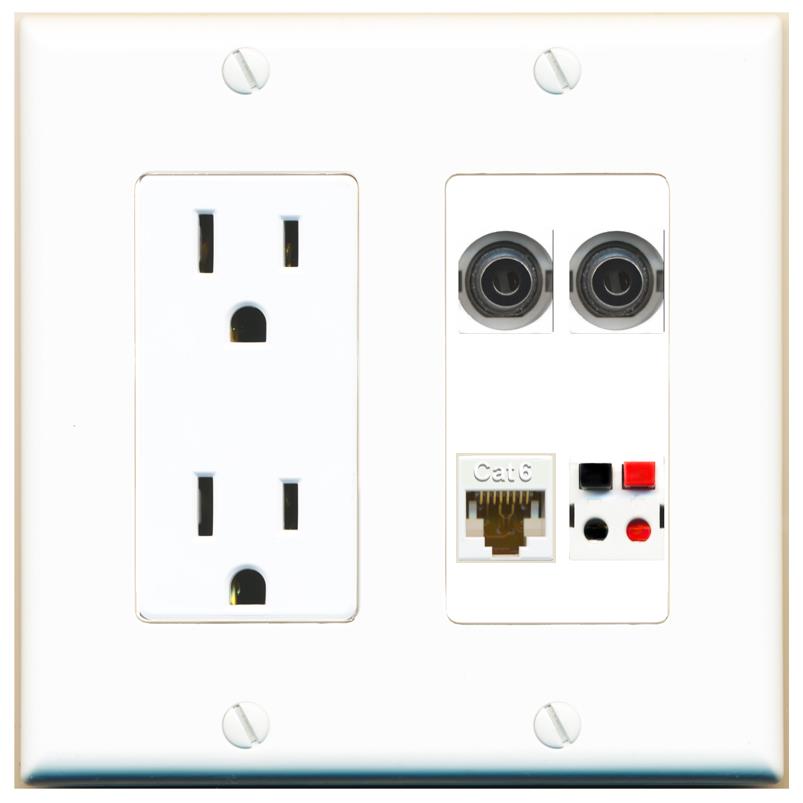 RiteAV 2 3.5mm CAT6 SPEAKER Wall Plate with 15A Power Outlet [White]