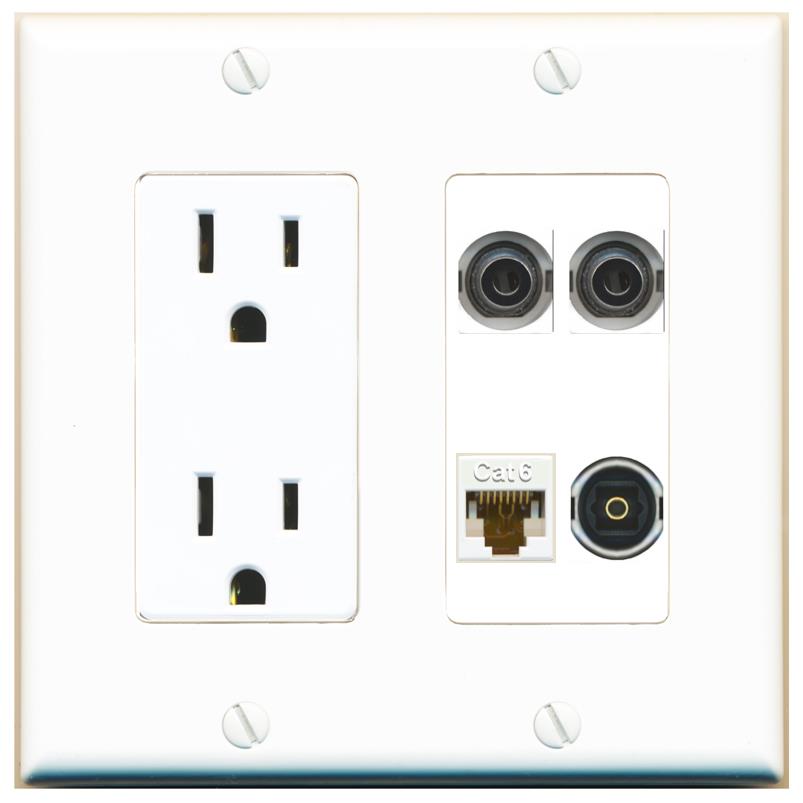 RiteAV 2 3.5mm CAT6 TOSLINK Wall Plate with 15A Power Outlet [White]