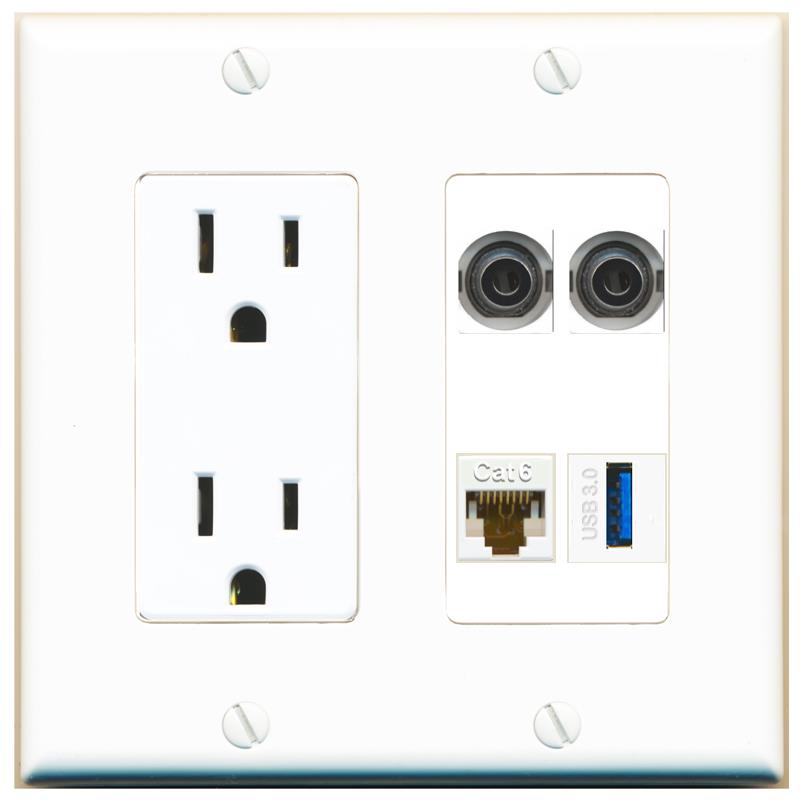 RiteAV 2 3.5mm CAT6 USB-3 Wall Plate with 15A Power Outlet [White]