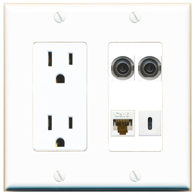 RiteAV 2 3.5mm CAT6 USBC Wall Plate with 15A Power Outlet [White]