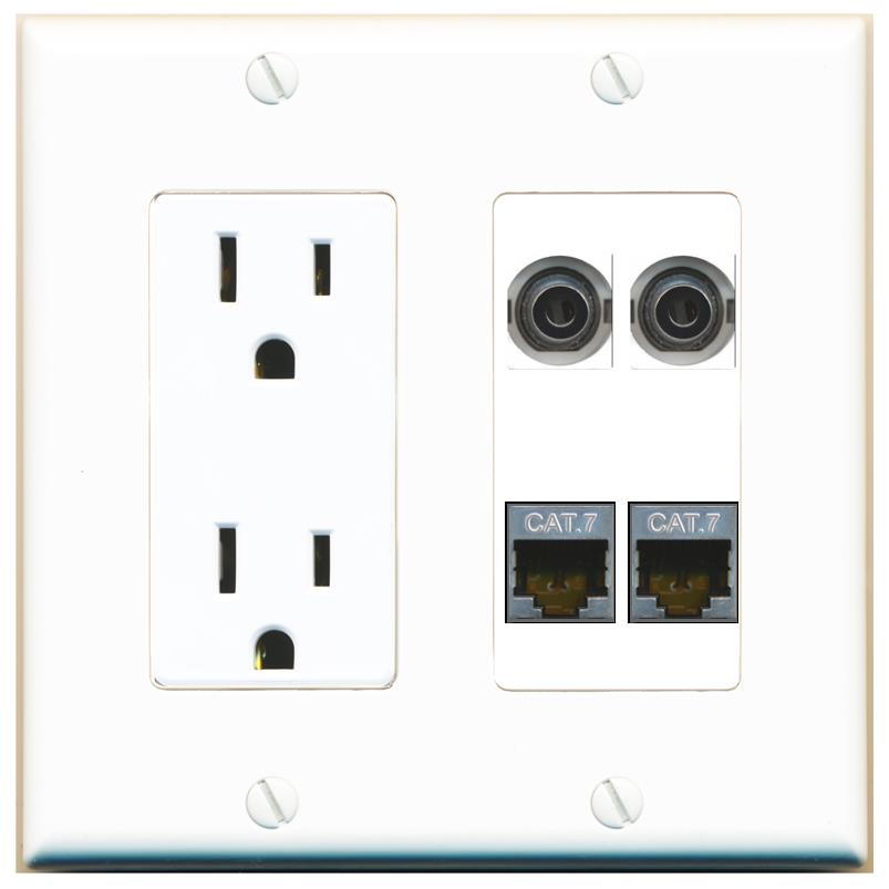 RiteAV 2 3.5mm 2 CAT7 Wall Plate with 15A Power Outlet [White]
