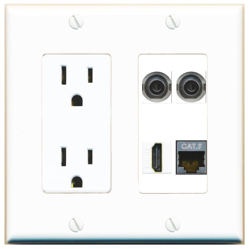 RiteAV 2 3.5mm CAT7 HDMI Wall Plate with 15A Power Outlet [White]