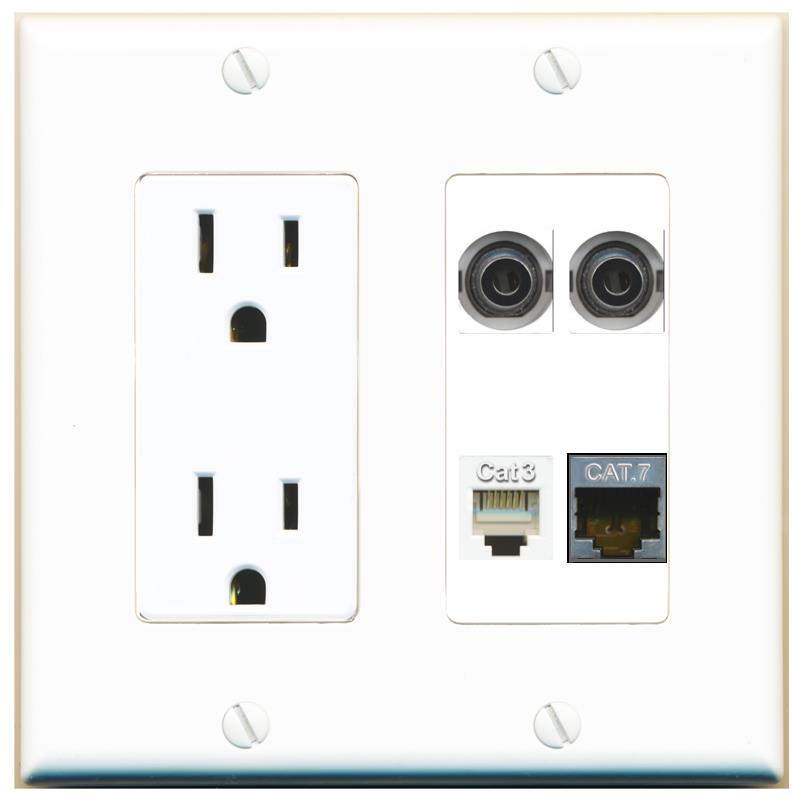 RiteAV 2 3.5mm CAT7 PHONE Wall Plate with 15A Power Outlet [White]