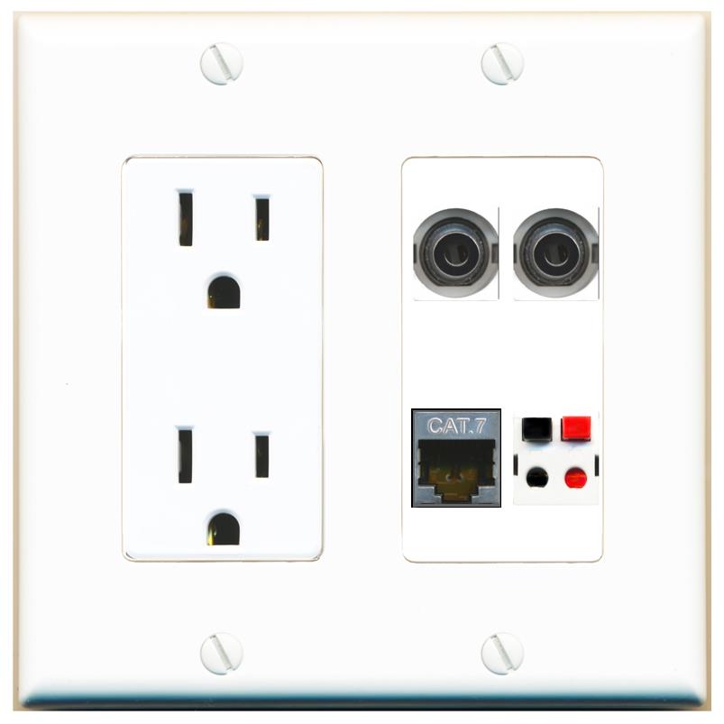 RiteAV 2 3.5mm CAT7 SPEAKER Wall Plate with 15A Power Outlet [White]