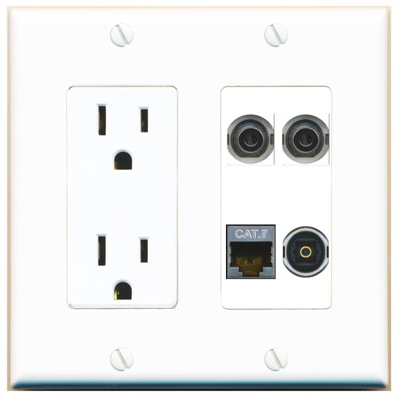 RiteAV 2 3.5mm CAT7 TOSLINK Wall Plate with 15A Power Outlet [White]