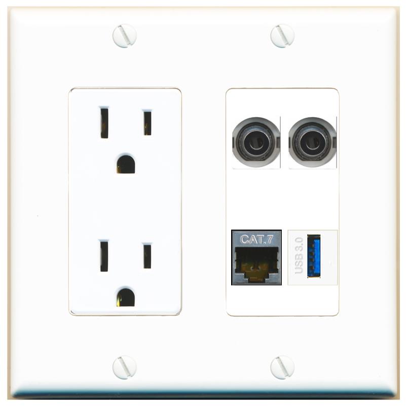 RiteAV 2 3.5mm CAT7 USB-3 Wall Plate with 15A Power Outlet [White]