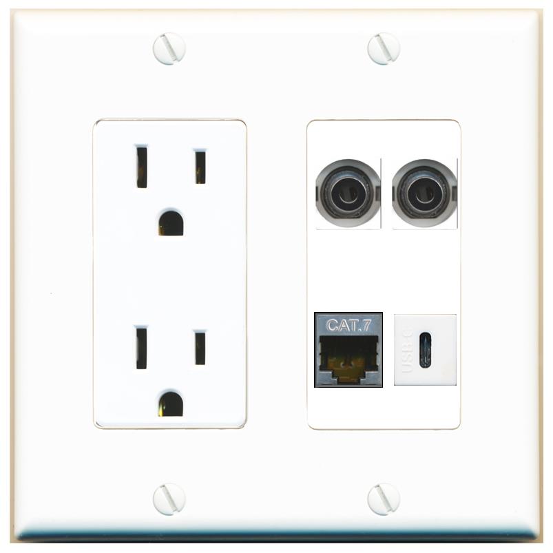 RiteAV 2 3.5mm CAT7 USBC Wall Plate with 15A Power Outlet [White]