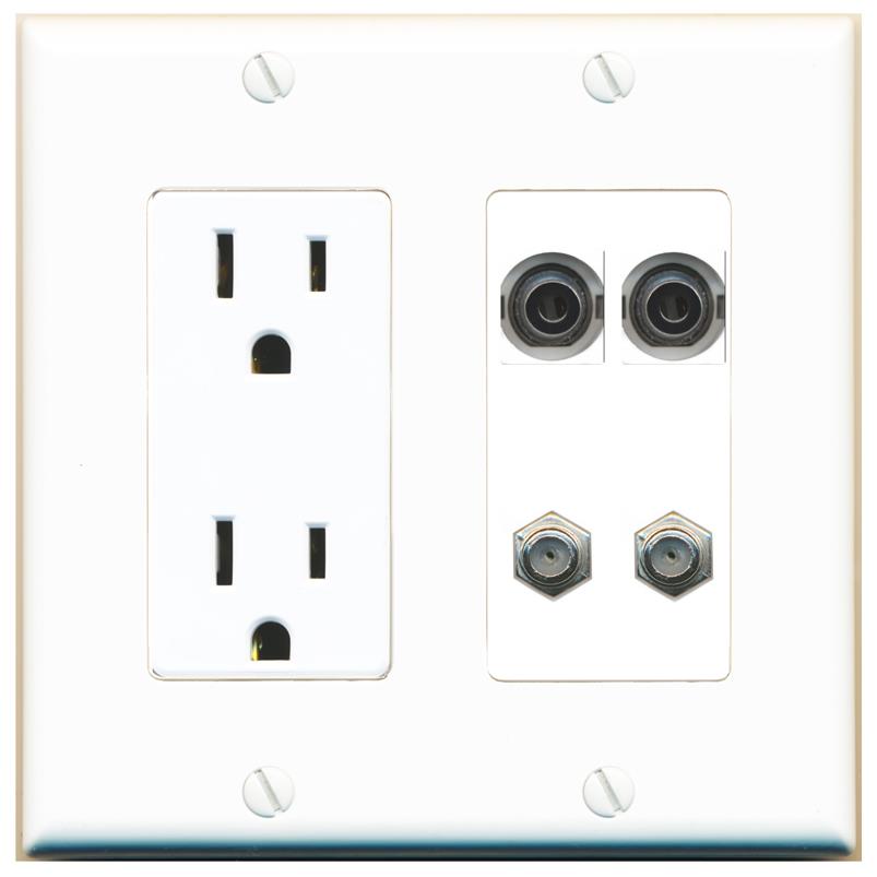 RiteAV 2 3.5mm 2 COAX Wall Plate with 15A Power Outlet [White]