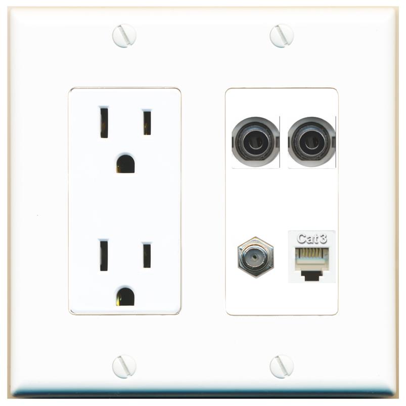 RiteAV 2 3.5mm COAX PHONE Wall Plate with 15A Power Outlet [White]