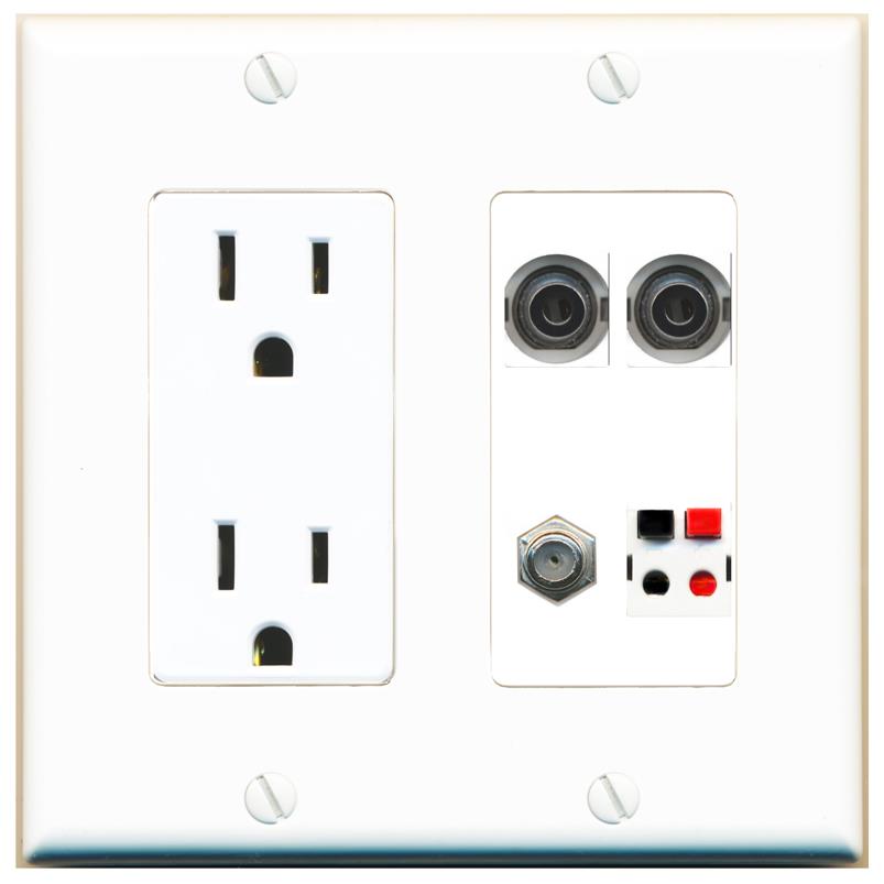 RiteAV 2 3.5mm COAX SPEAKER Wall Plate with 15A Power Outlet [White]