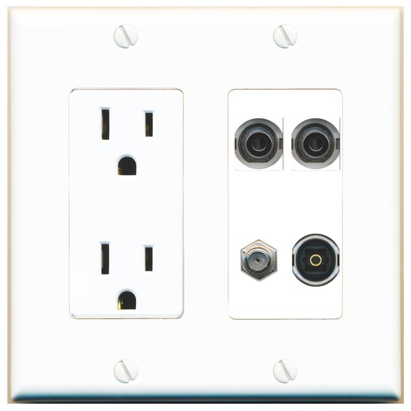 RiteAV 2 3.5mm COAX TOSLINK Wall Plate with 15A Power Outlet [White]