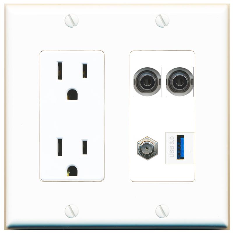RiteAV 2 3.5mm COAX USB-3 Wall Plate with 15A Power Outlet [White]