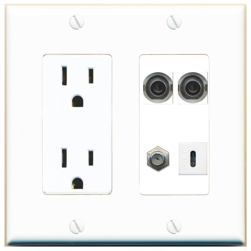 RiteAV 2 3.5mm COAX USBC Wall Plate with 15A Power Outlet [White]