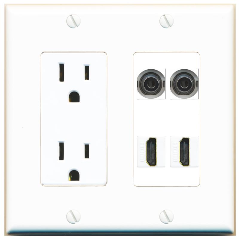 RiteAV 2 3.5mm 2 HDMI Wall Plate with 15A Power Outlet [White]