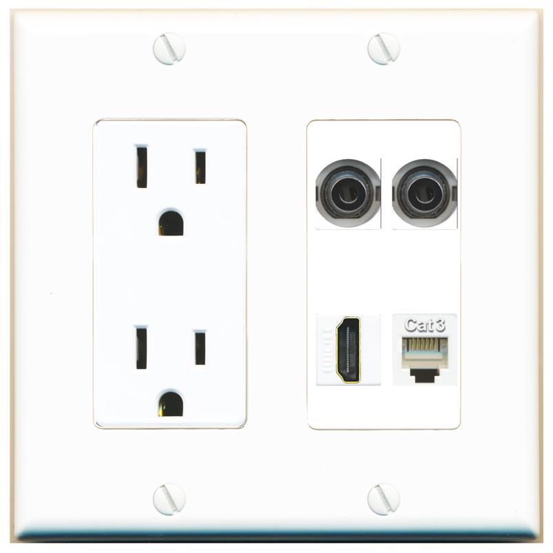 RiteAV 2 3.5mm HDMI PHONE Wall Plate with 15A Power Outlet [White]