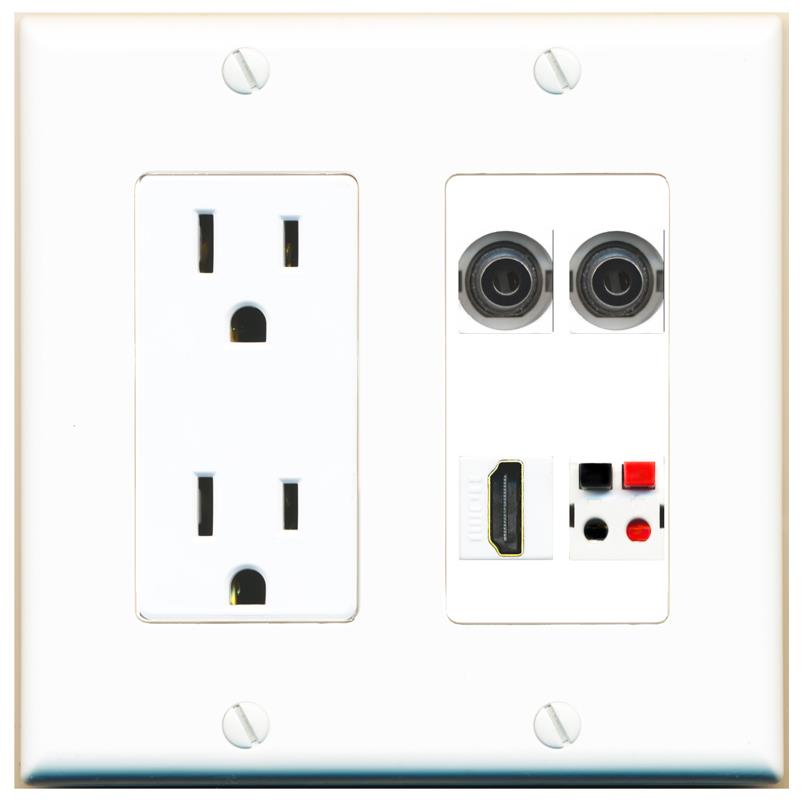RiteAV 2 3.5mm HDMI SPEAKER Wall Plate with 15A Power Outlet [White]