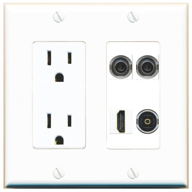 RiteAV 2 3.5mm HDMI TOSLINK Wall Plate with 15A Power Outlet [White]