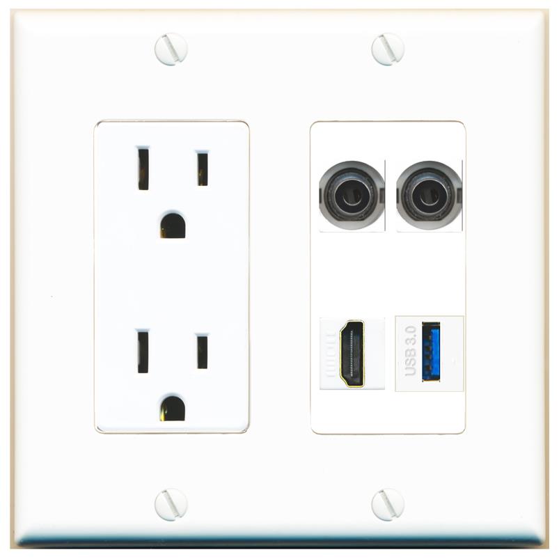 RiteAV 2 3.5mm HDMI USB-3 Wall Plate with 15A Power Outlet [White]