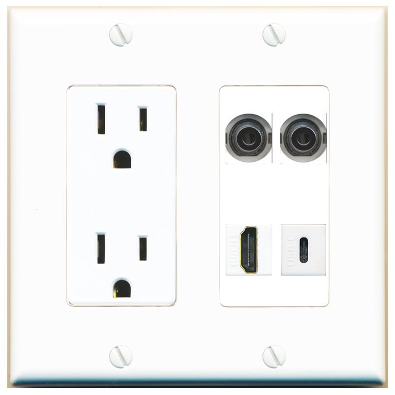 RiteAV 2 3.5mm HDMI USBC Wall Plate with 15A Power Outlet [White]