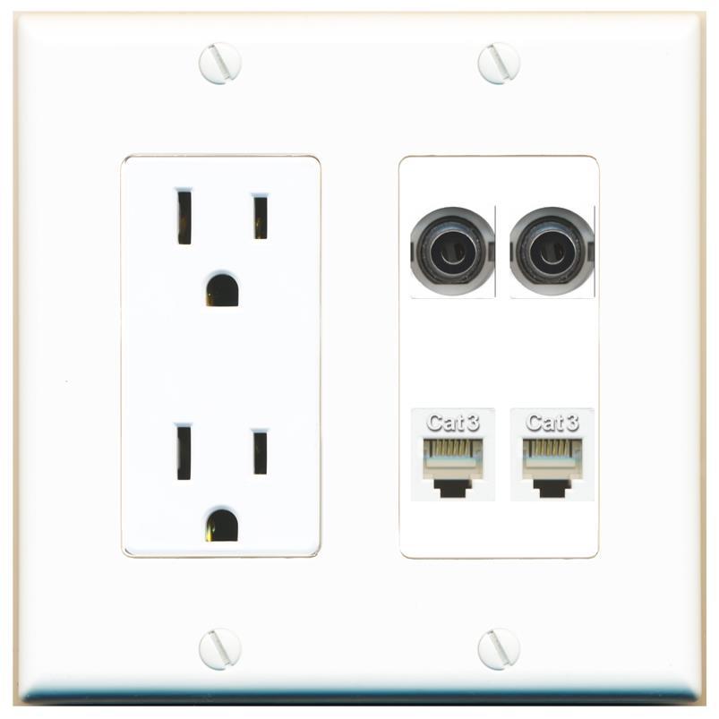 RiteAV 2 3.5mm 2 PHONE Wall Plate with 15A Power Outlet [White]