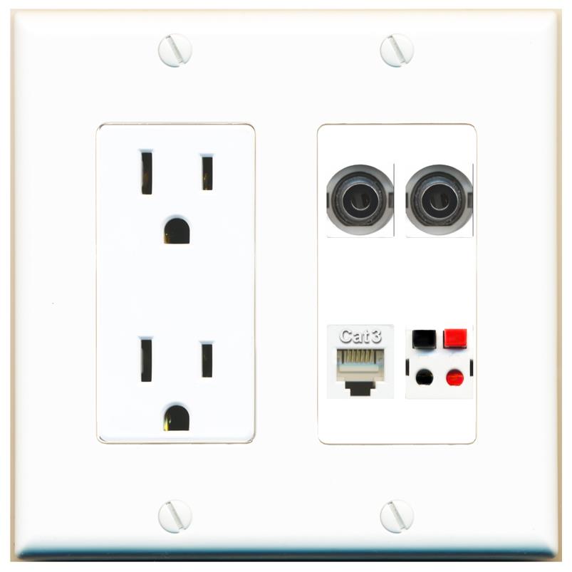 RiteAV 2 3.5mm PHONE SPEAKER Wall Plate with 15A Power Outlet [White]