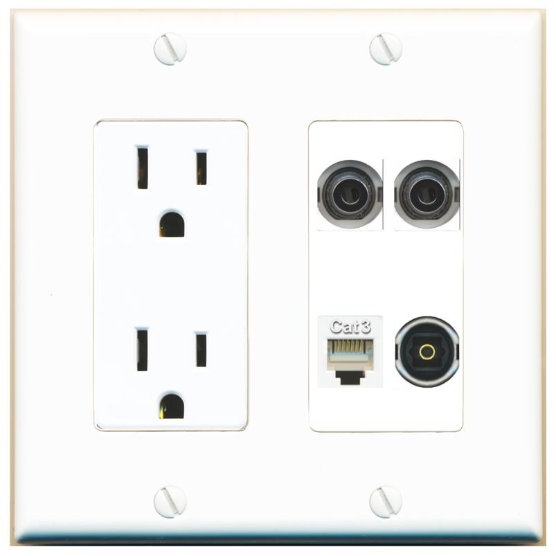 RiteAV 2 3.5mm PHONE TOSLINK Wall Plate with 15A Power Outlet [White]