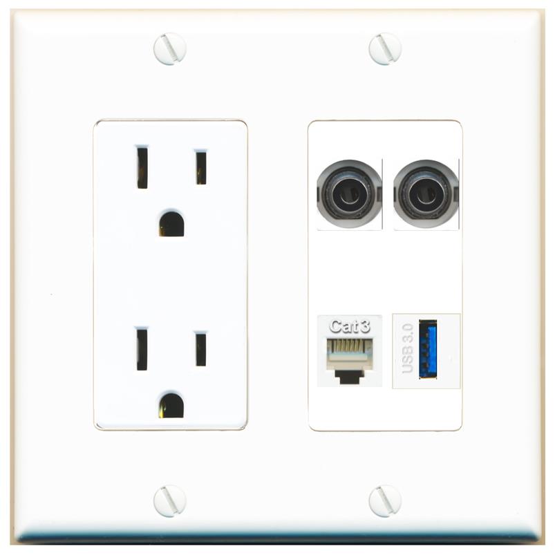 RiteAV 2 3.5mm PHONE USB-3 Wall Plate with 15A Power Outlet [White]