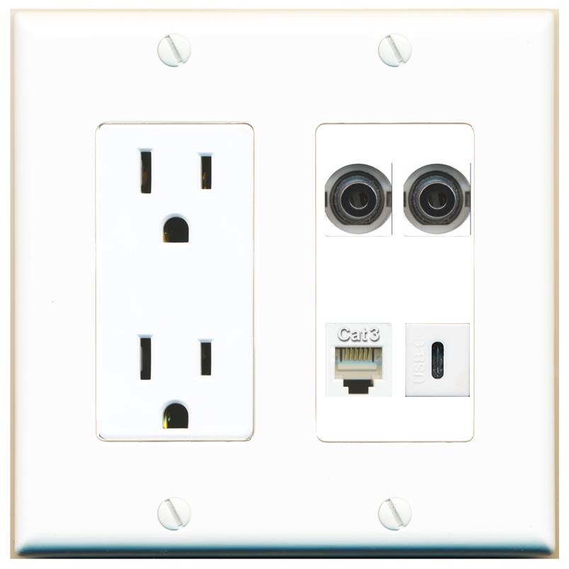 RiteAV 2 3.5mm PHONE USBC Wall Plate with 15A Power Outlet [White]