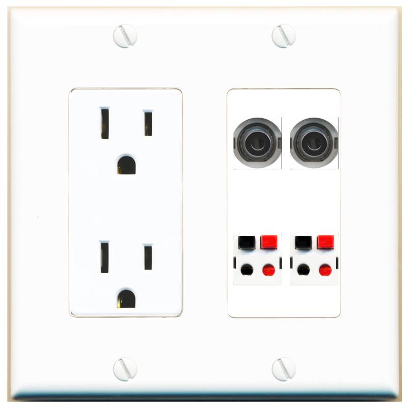 RiteAV 2 3.5mm 2 SPEAKER Wall Plate with 15A Power Outlet [White]
