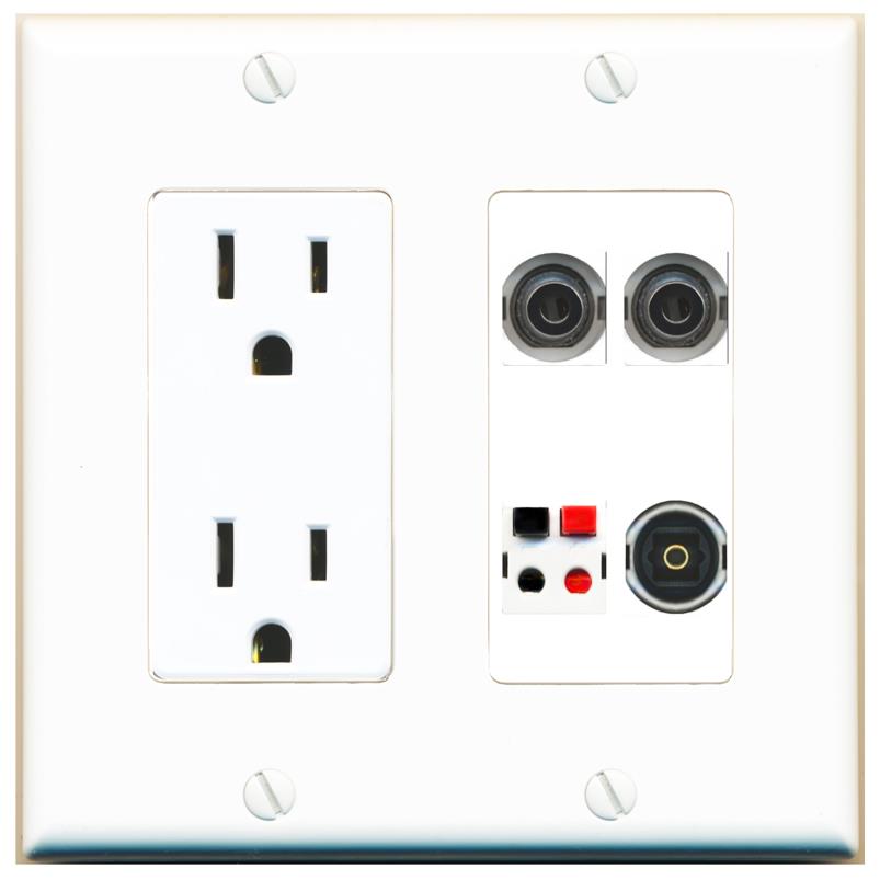 RiteAV 2 3.5mm SPEAKER TOSLINK Wall Plate with 15A Power Outlet [White]