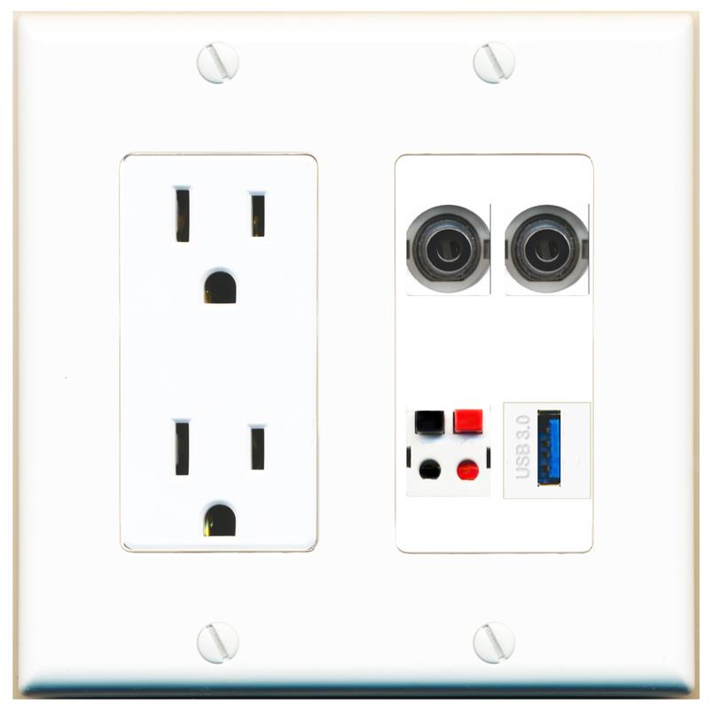 RiteAV 2 3.5mm SPEAKER USB-3 Wall Plate with 15A Power Outlet [White]