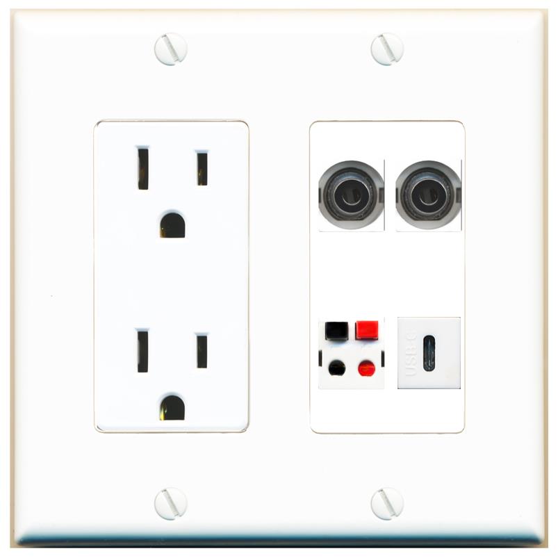 RiteAV 2 3.5mm SPEAKER USBC Wall Plate with 15A Power Outlet [White]
