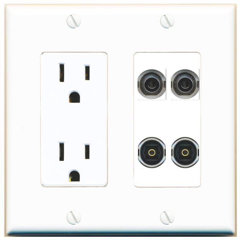 RiteAV 2 3.5mm 2 TOSLINK Wall Plate with 15A Power Outlet [White]