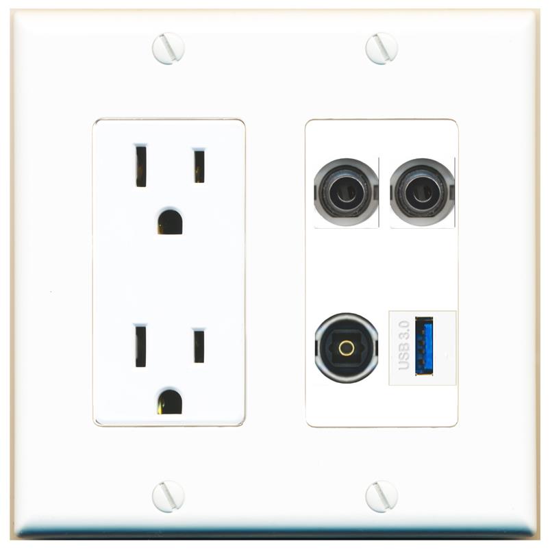 RiteAV 2 3.5mm TOSLINK USB-3 Wall Plate with 15A Power Outlet [White]