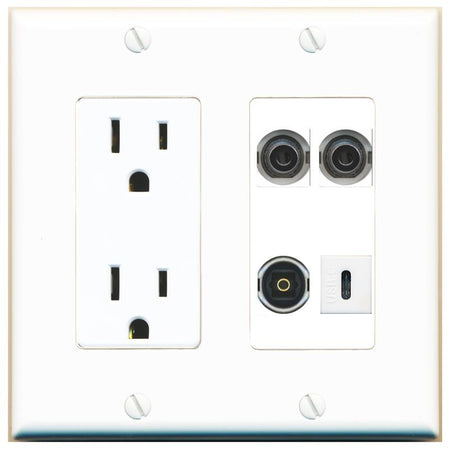 RiteAV 2 3.5mm TOSLINK USBC Wall Plate with 15A Power Outlet [White]