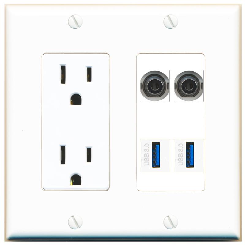 RiteAV 2 3.5mm 2 USB-3 Wall Plate with 15A Power Outlet [White]