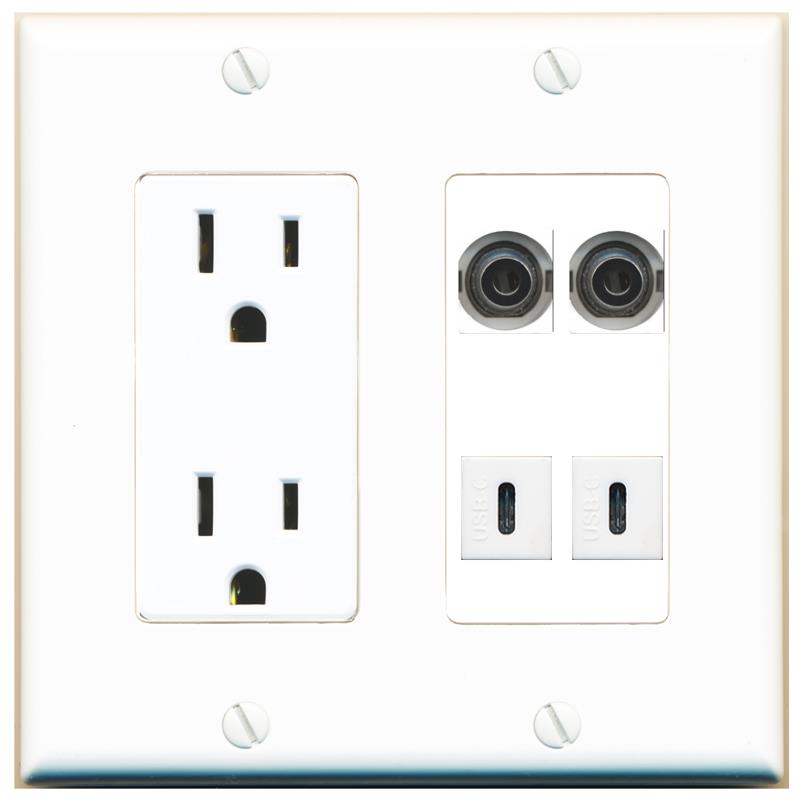 RiteAV 2 3.5mm 2 USBC Wall Plate with 15A Power Outlet [White]