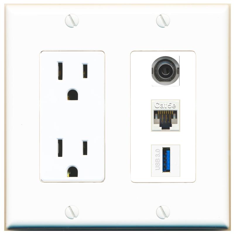 1 3.5mm 1 CAT5E 1 USB-3 Wall Plate [White]