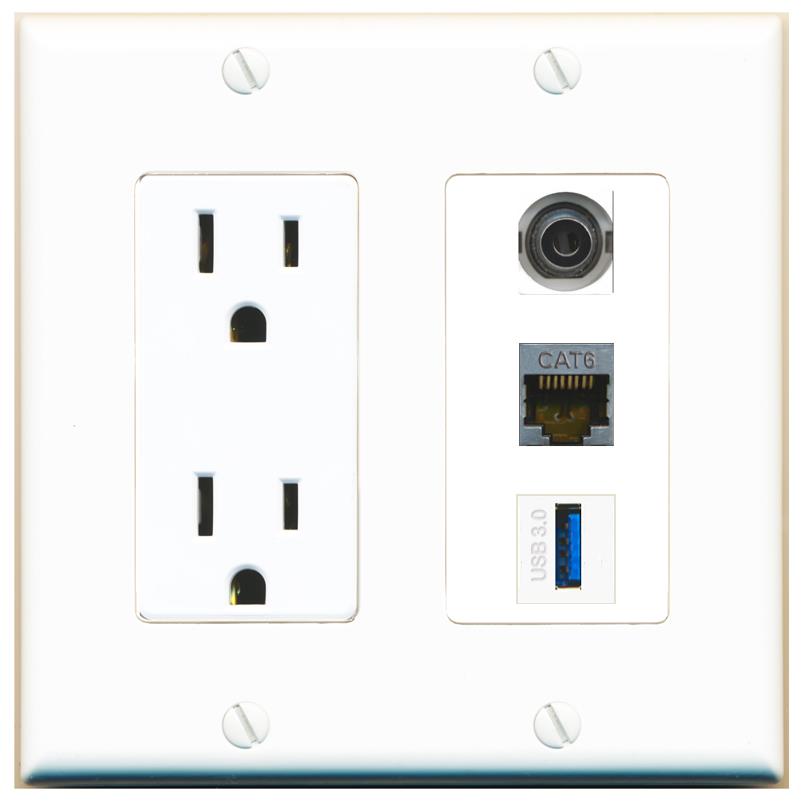 1 3.5mm 1 CAT6-SHIELDED 1 USB-3 Wall Plate [White]