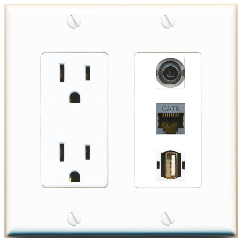 1 3.5mm 1 CAT6-SHIELDED 1 USB2 Wall Plate [White]